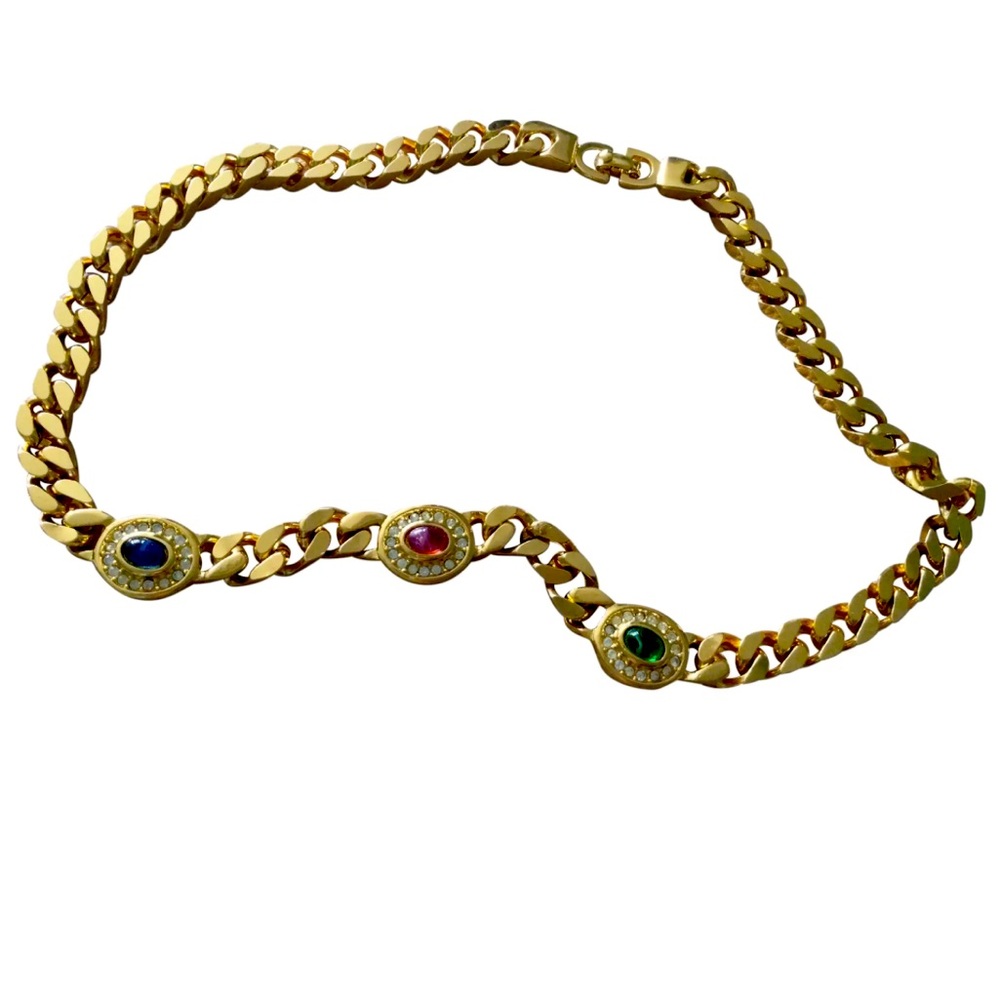 Vintage Christian Dior Cuban Link Necklace w Faux Jewels Emerald Sapphire Ruby
